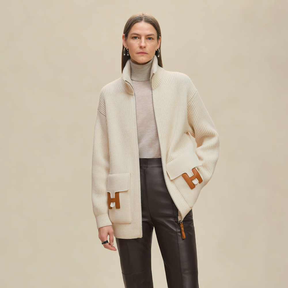 Hermes H Pocket Logo Blanc Zip Up Zipper Cardigan Sweater Wool Knit Jacket 38 - Picture 11 of 16